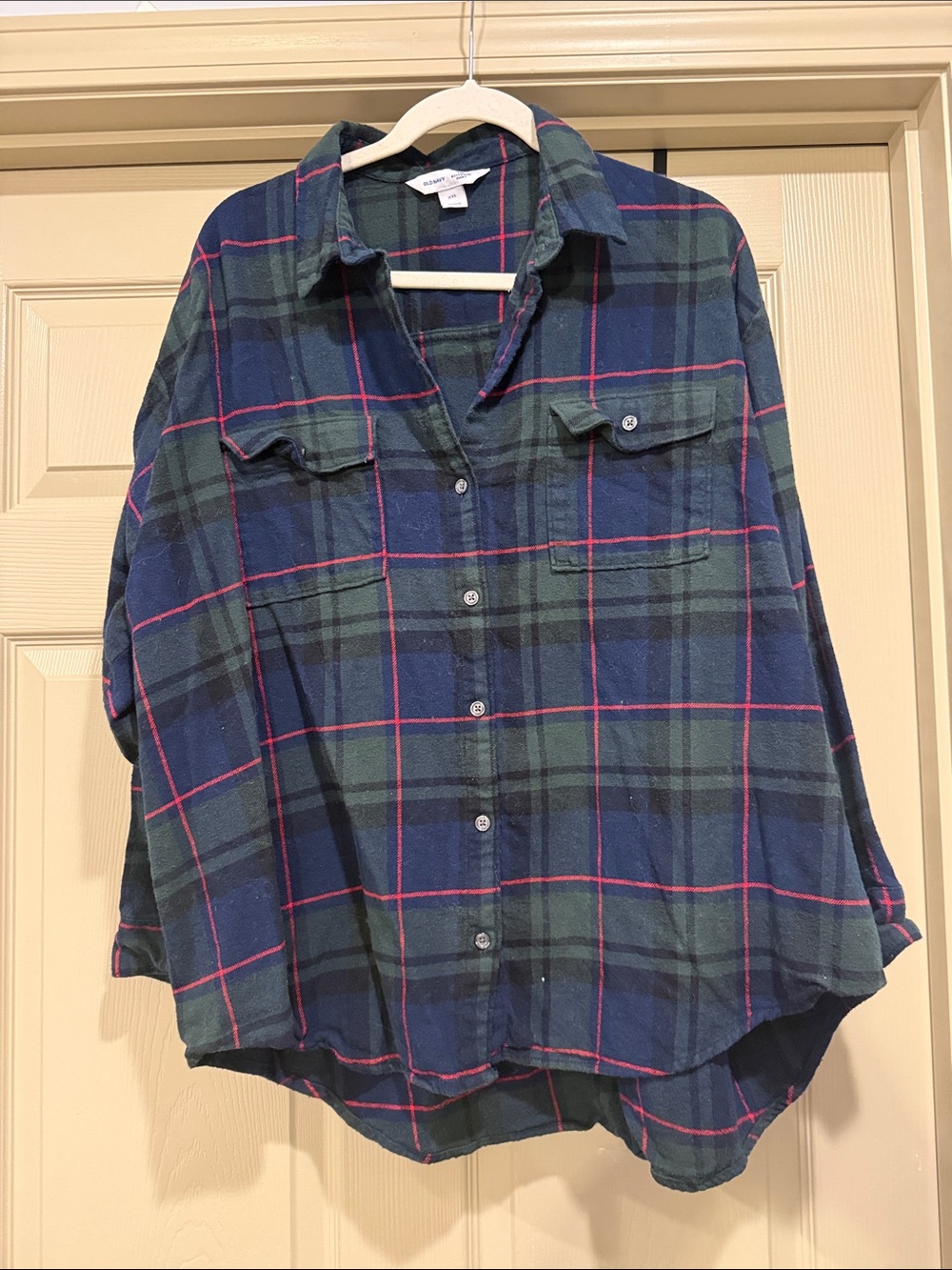 Old Navy Plaid Boyfriend Shirt in Navy, Green & Red